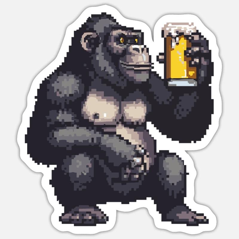 Gorilla Pixel Bier - Sticker Größe S (10 x 10 cm) - Mattweiß
