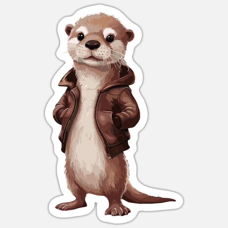 Cooler Otter Mit Lederjacke Illustrationskunst - Sticker Größe S (10 x 10 cm) - Mattweiß
