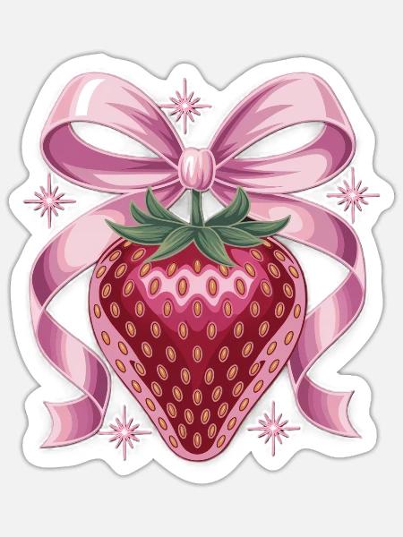 Erdbeer Mit Rosa Schleife - Sticker Größe S (10 x 10 cm) - Mattweiß