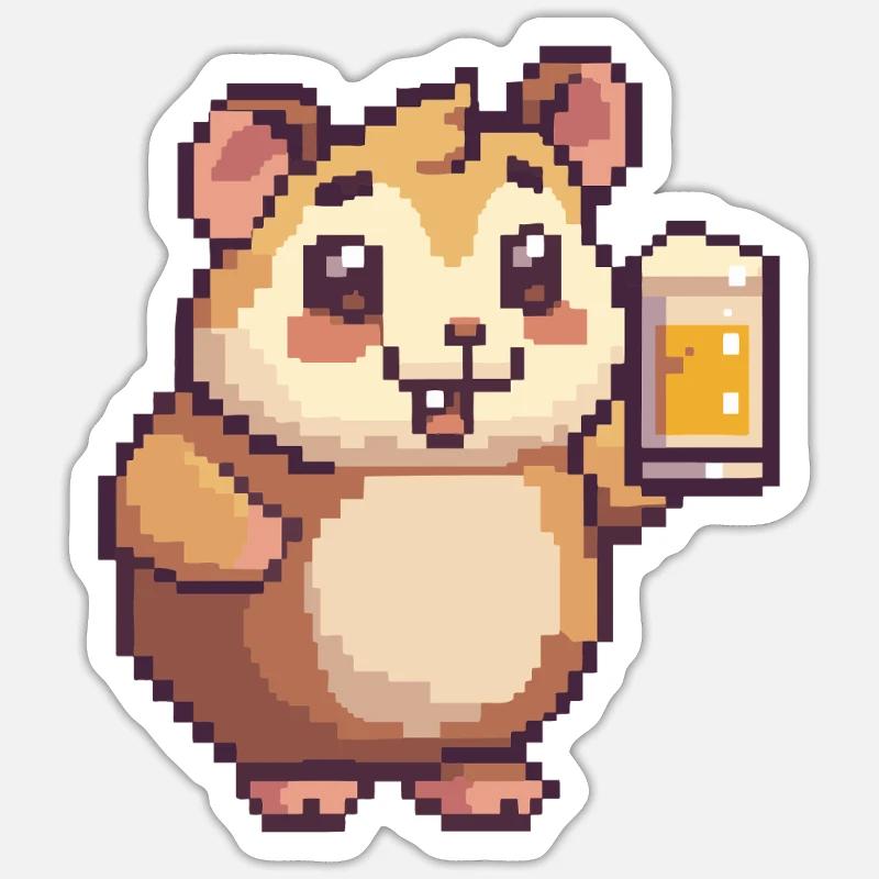 Hamster Pixel Bière - Sticker taille S (10 x 10 cm) - blanc mat