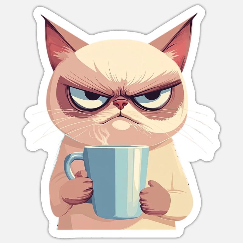 Grumpy-Stil: Grantige Katze mit Kaffee - Sticker Größe S (10 x 10 cm) - Mattweiß