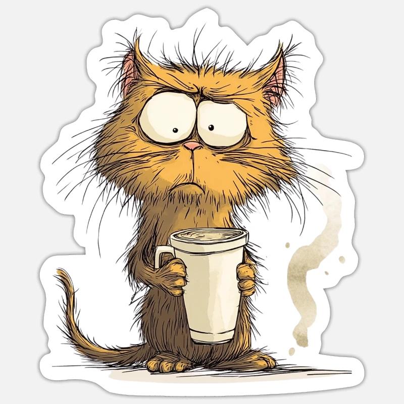 Morgenmuffel Katze mit Kaffee - Sticker Größe S (10 x 10 cm) - Mattweiß