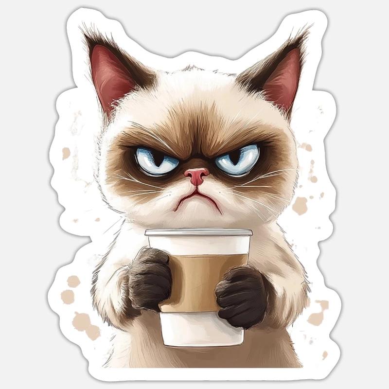 Grumpy Katze mit Kaffee - Morgenmuffel Sticker Größe S (10 x 10 cm)
