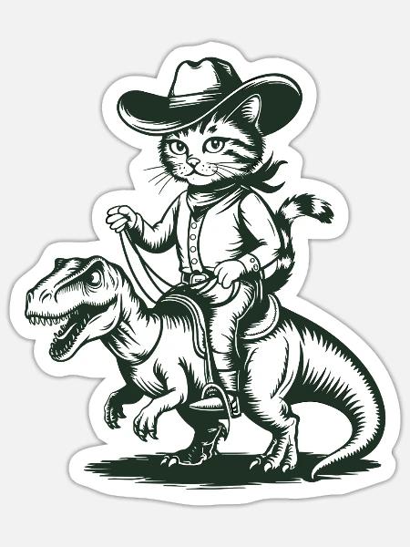 Cowboy Katze Reitet Dinosaurier Abenteuer - Sticker Größe S (10 x 10 cm) - Mattweiß