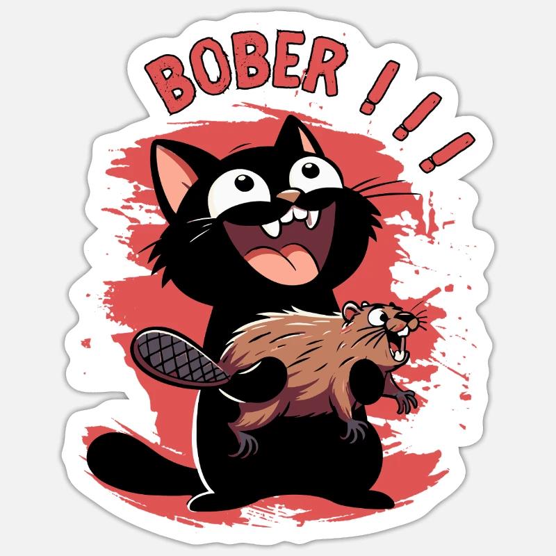 Hyper-Katze ruft „Bober!!!“ – Tierischer Ausraster - Sticker Größe S (10 x 10 cm) - Mattweiß