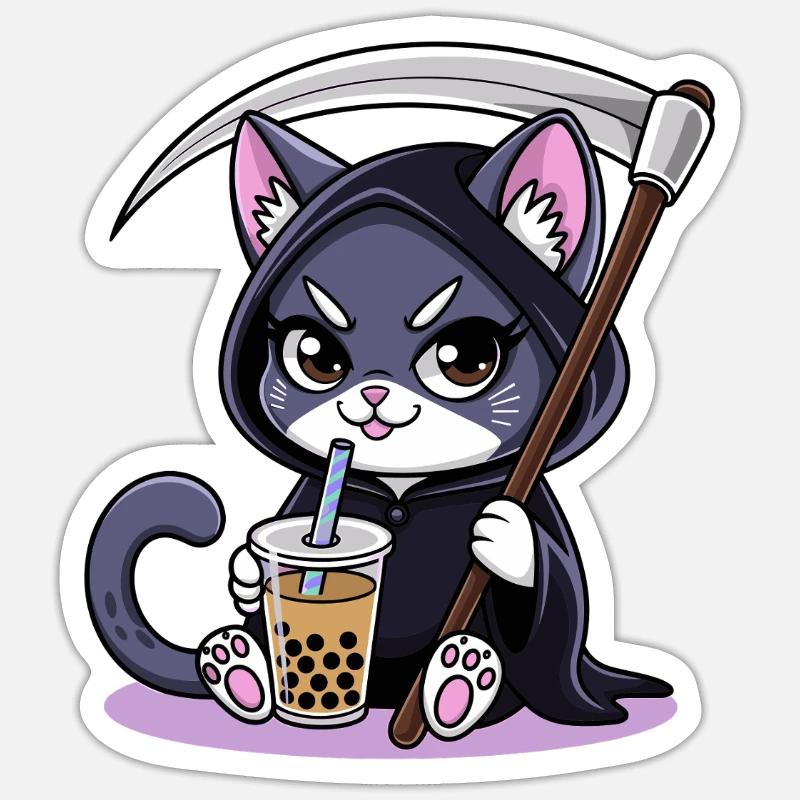 Sensenmann Katze Anime Katze Bubble Tea Sticker Größe S (10 x 10 cm)
