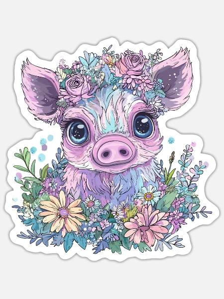 Blumen Schweinchen - Sticker Größe S (10 x 10 cm) - Mattweiß