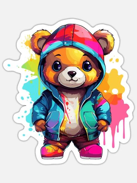 Farbenfroher Teddy mit Hoodie - Sticker Größe S (10 x 10 cm) - Mattweiß