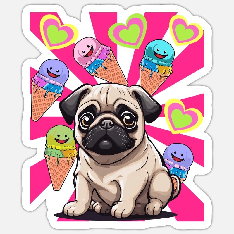Hund Hunde Mops Kinder Kind Eis Eiskrem Sticker Größe S (10 x 10 cm)
