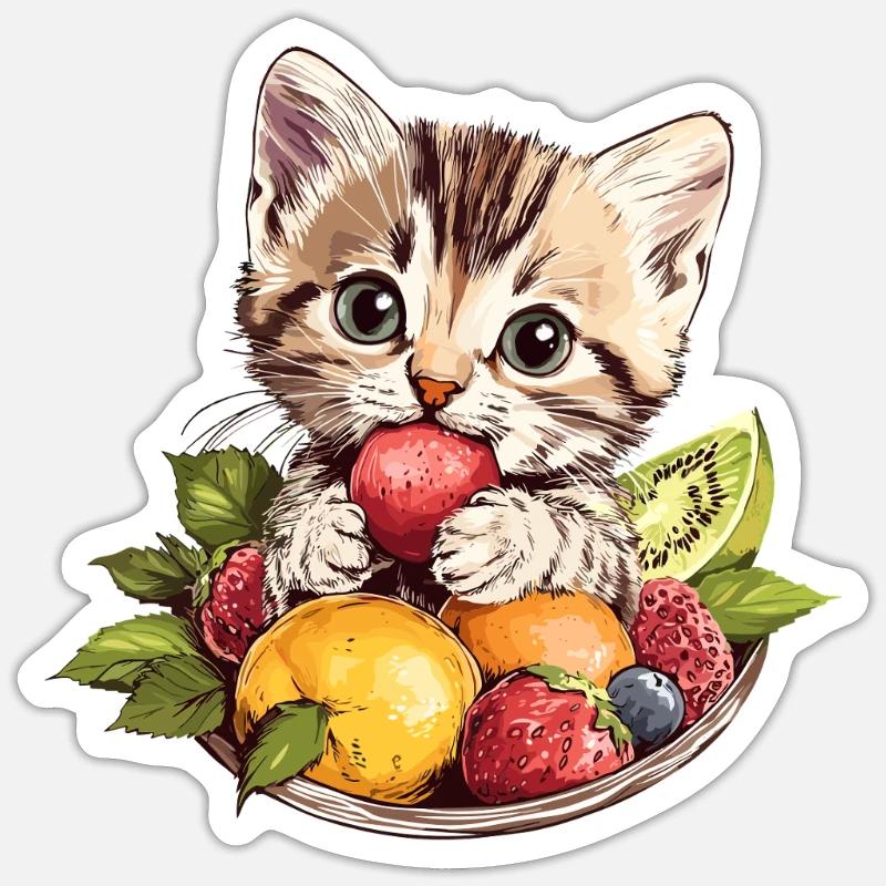 Cat with fruit bowl - Sticker size S (10 x 10 cm) - white matte