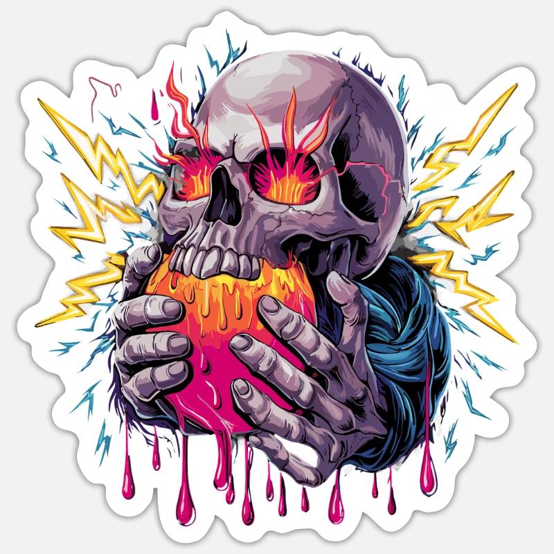 Schädel mit Flammendem Herz und Blitzen - Sticker Größe S (10 x 10 cm) - Mattweiß