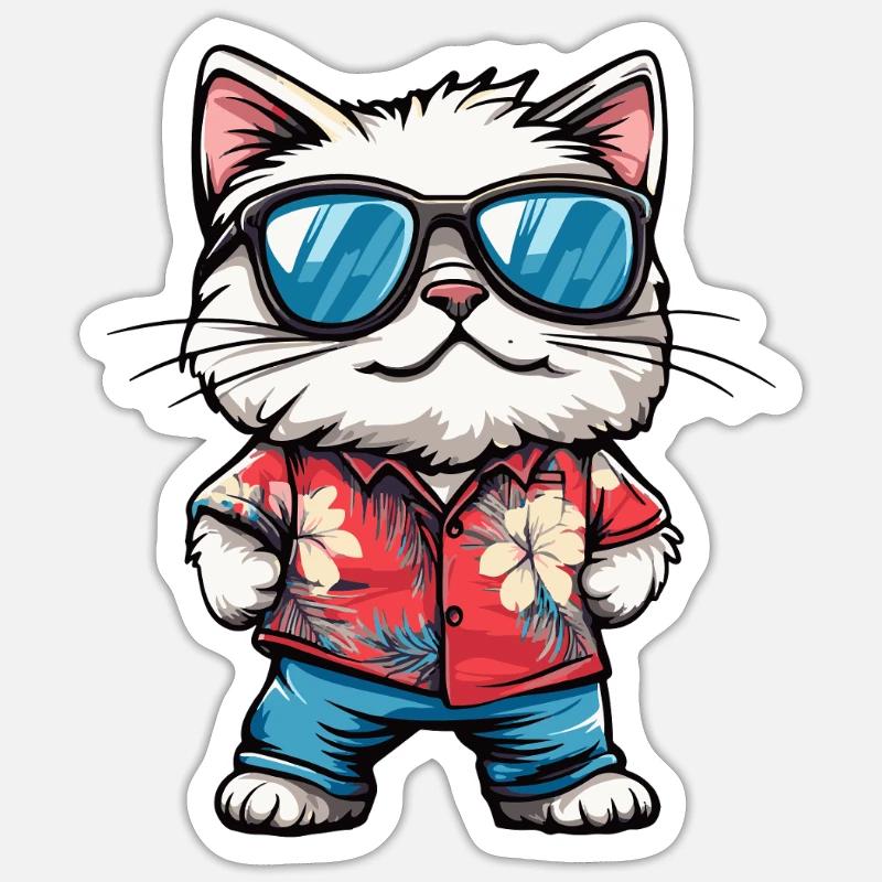 Chat Bande Dessinée Cool Été - Sticker taille S (10 x 10 cm) - blanc mat
