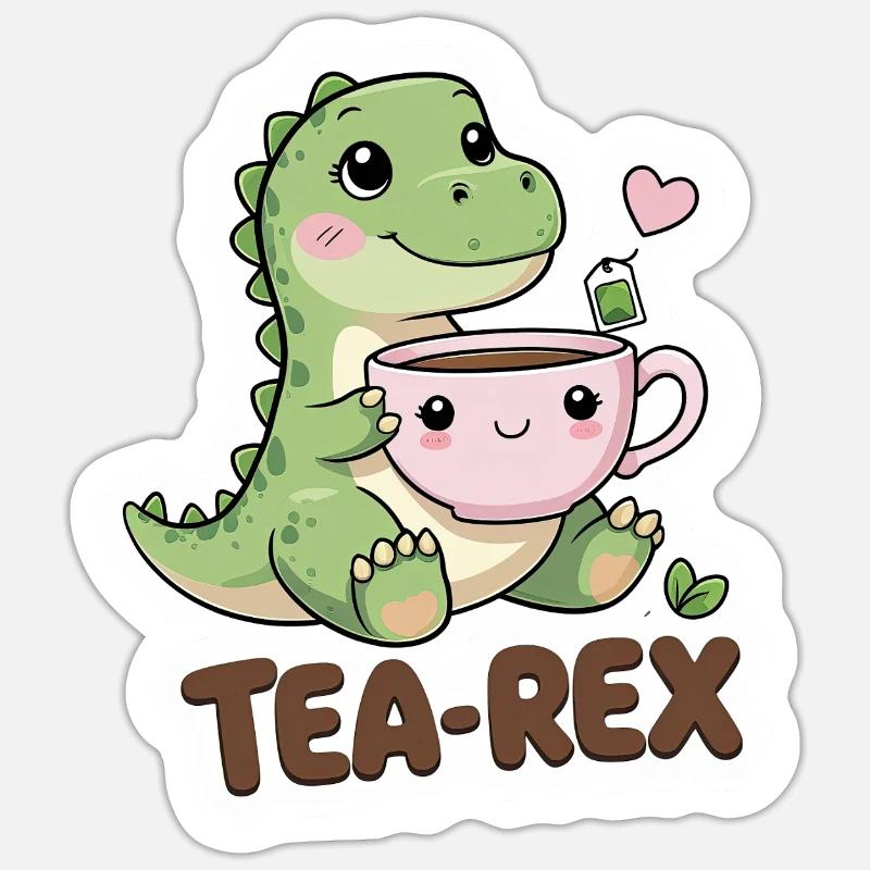 Tea-Rex – Süßer Dino mit Teetasse - Sticker Größe S (10 x 10 cm) - Mattweiß