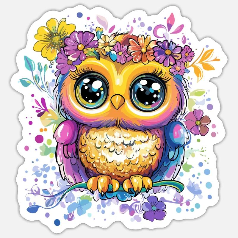 Bunte Eule mit Blüten Sticker Größe S (10 x 10 cm)