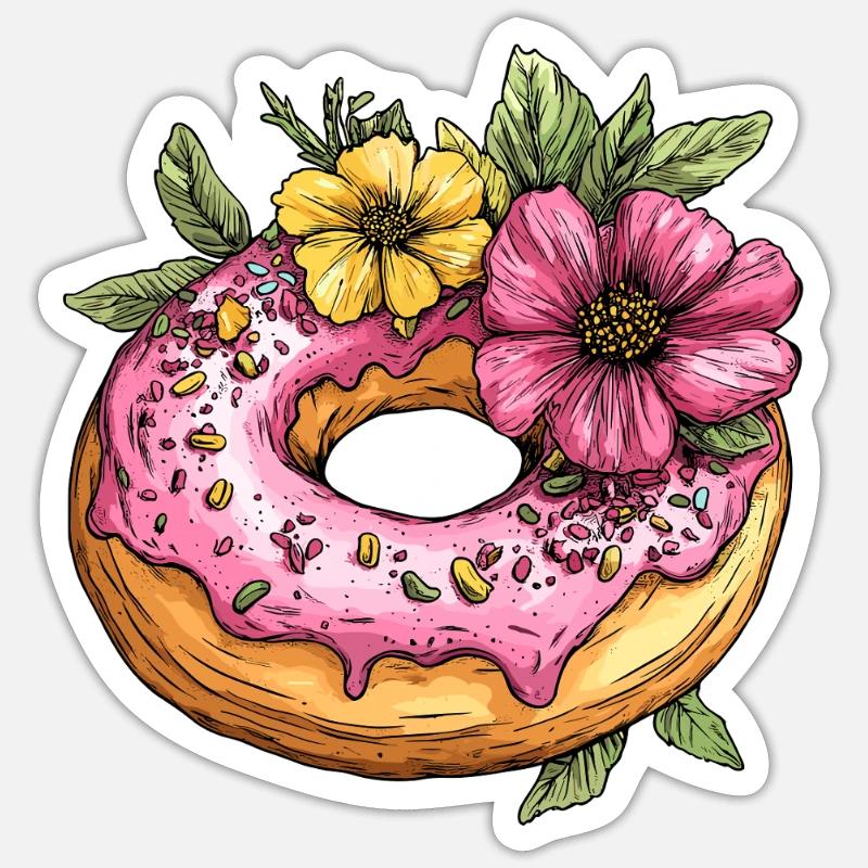 Donut mit Blüten - Sticker Größe S (10 x 10 cm) - Mattweiß