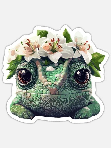 Chamäleon mit Blütenkranz - Sticker Größe S (10 x 10 cm) - Mattweiß