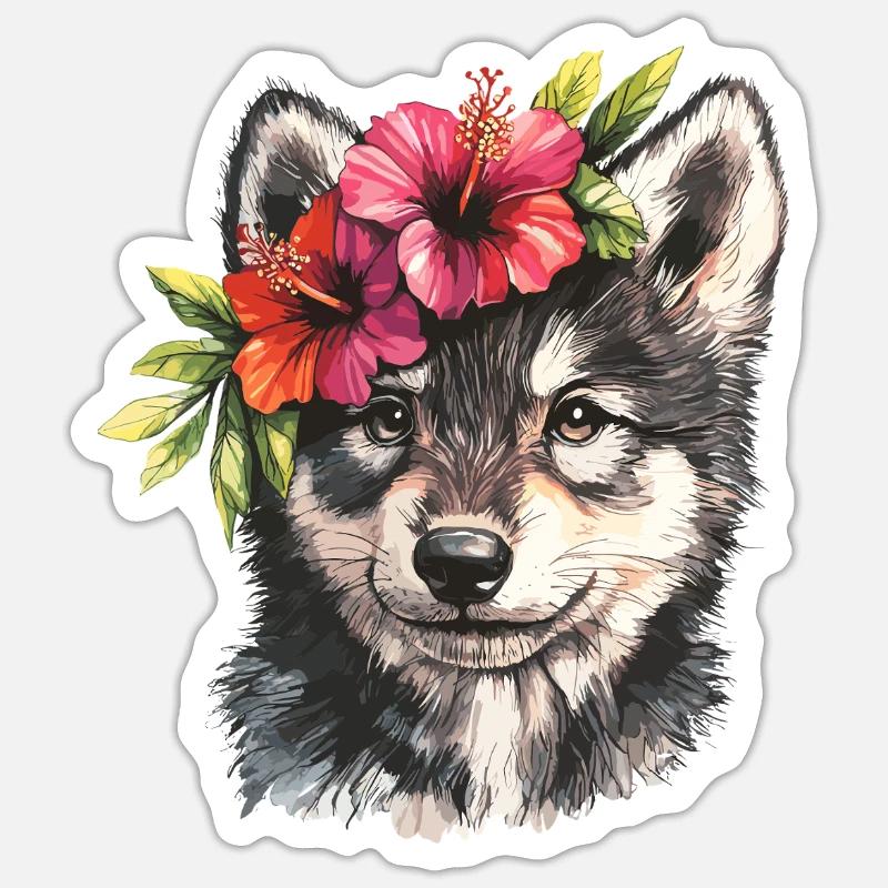 Husky à l’hibiscus - Sticker taille S (10 x 10 cm) - blanc mat