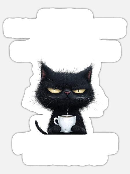 Schwarze Katze mit Kaffee und Todesblick - Sticker Größe S (10 x 10 cm) - Mattweiß