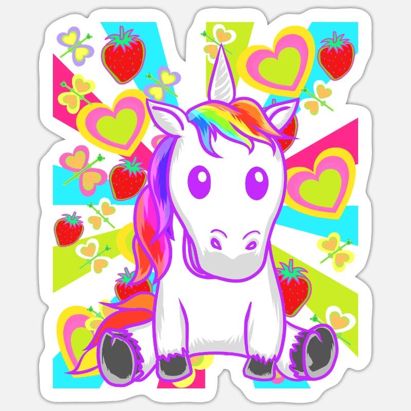 Sommer Retro Einhorn Einhörner Erdbeeren Obst Sticker Größe S (10 x 10 cm)