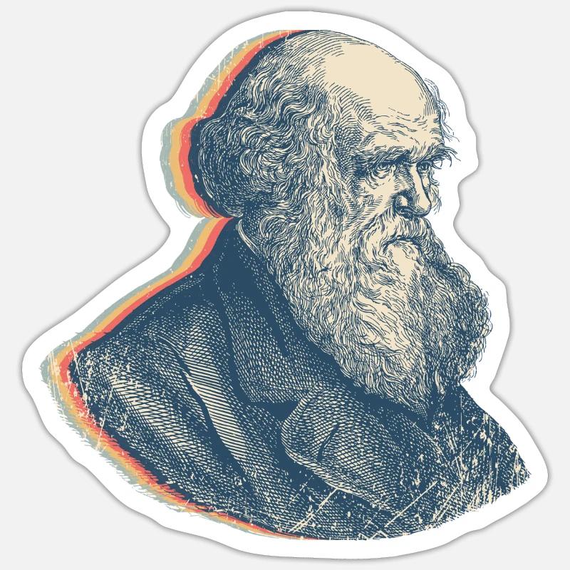 Charles Darwin Evolutionstheorie Retro-Linienkunst Sticker Größe S (10 x 10 cm)