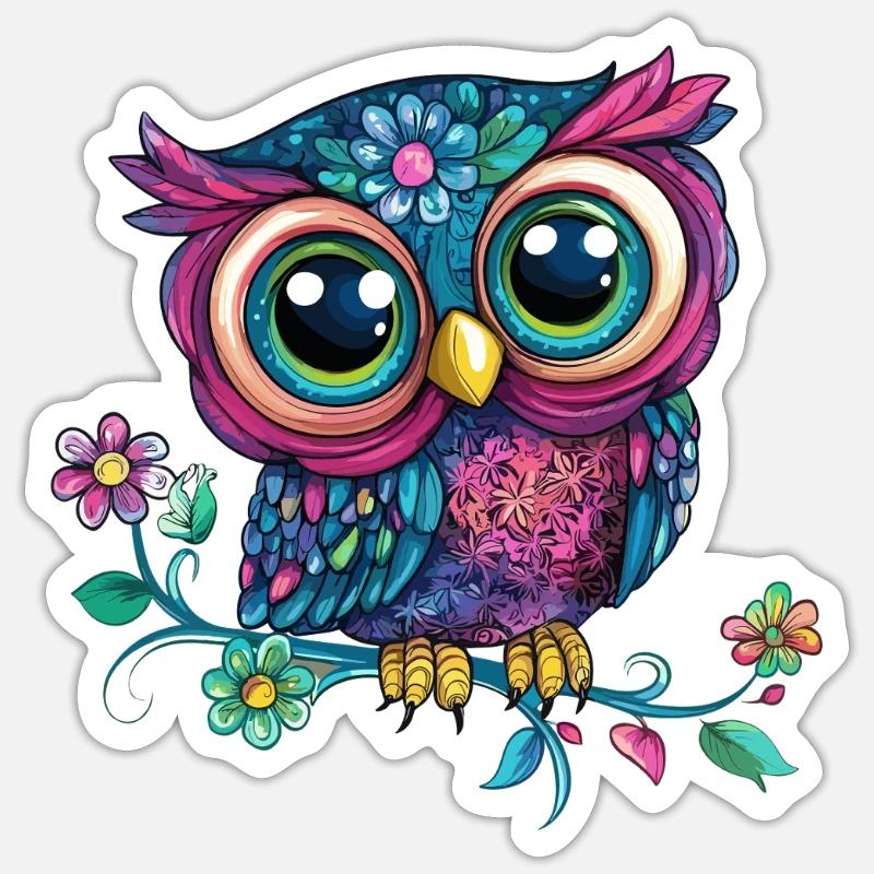 Bunte Eule auf Ast Sticker Größe S (10 x 10 cm)