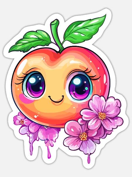 Niedlicher Pfirsich mit Kirschblüten - Sticker Größe S (10 x 10 cm) - Mattweiß