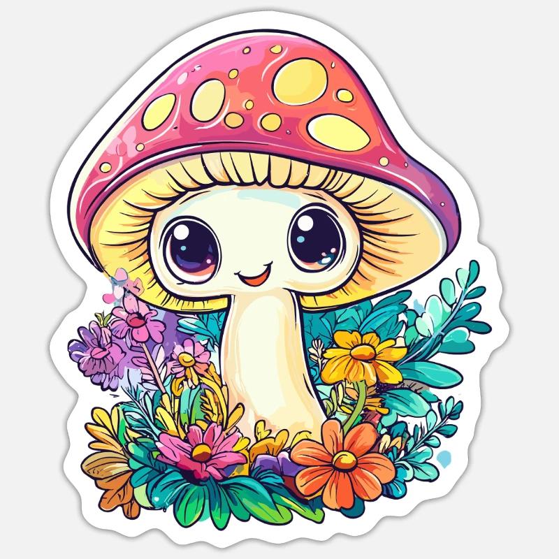 champignon heureux dans le champ de fleurs Sticker taille S (10 x 10 cm)