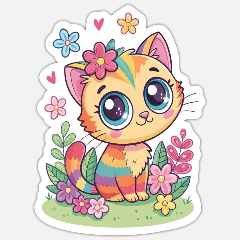 Regenbogen Katze mit Blumen - Sticker Größe S (10 x 10 cm) - Mattweiß