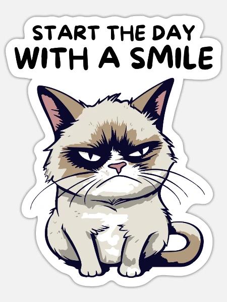 Start the Day with a Smile - Lustige Grumpy Katze - Sticker Größe S (10 x 10 cm) - Mattweiß