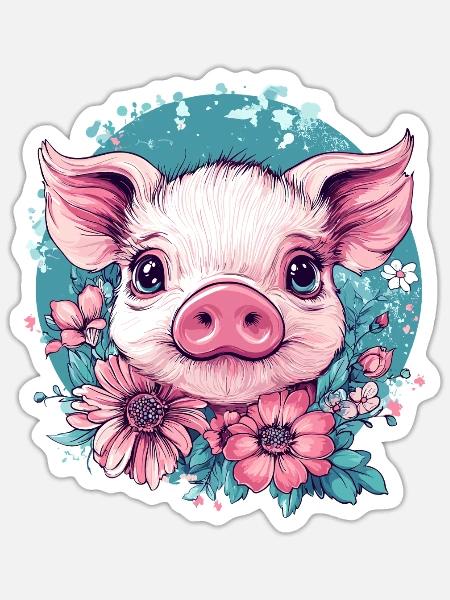 Rosa Schweinchen mit Blumen - Sticker Größe S (10 x 10 cm) - Mattweiß