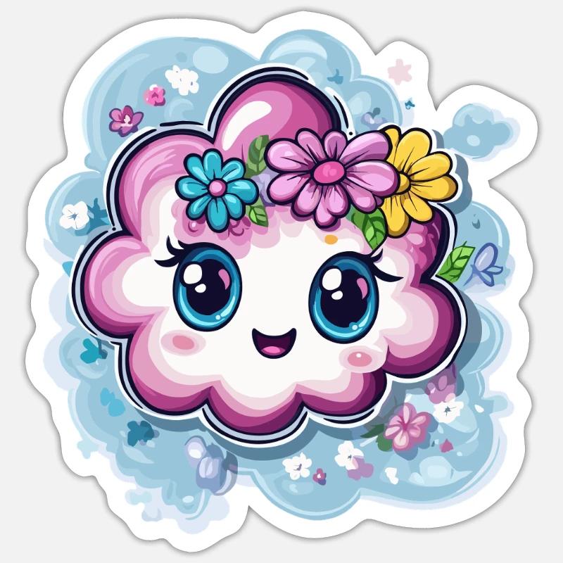 Fröhliche Wolke mit Blumen - Sticker Größe S (10 x 10 cm) - Mattweiß
