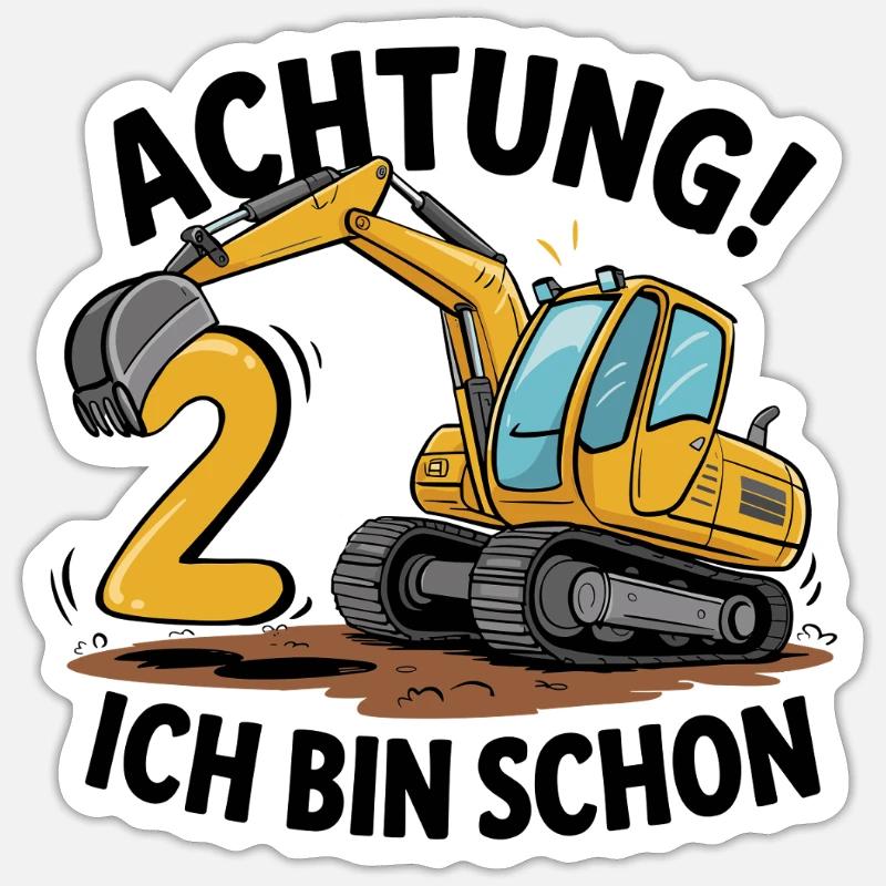 2. Geburtstag 2 Jahre Bagger Baufahrzeug Baustelle - Sticker Größe S (10 x 10 cm) - Mattweiß