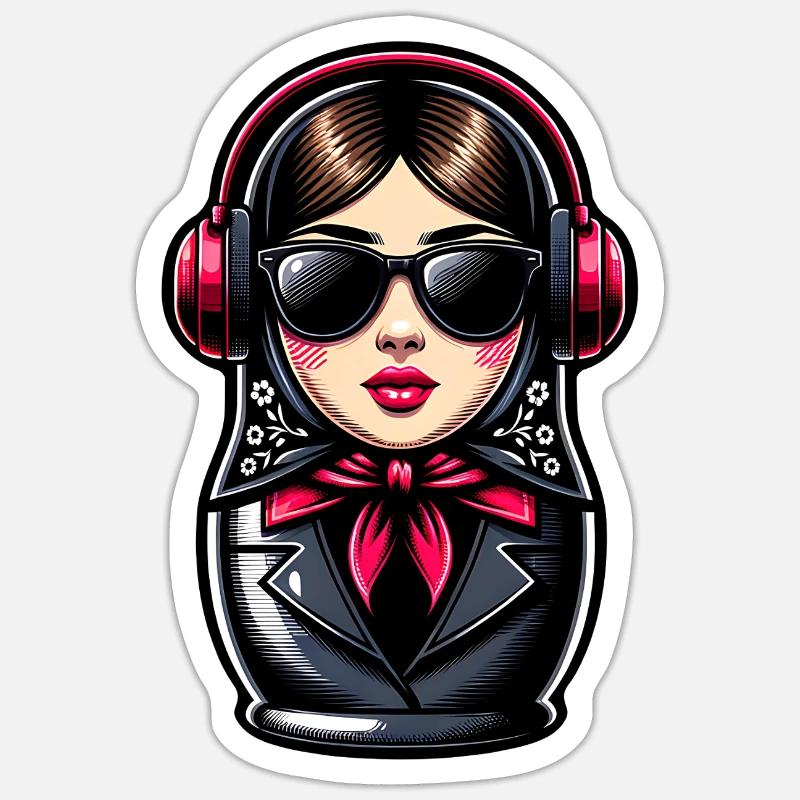 Matroschka mit Kopfhörern - Sticker Größe S (10 x 10 cm) - Mattweiß