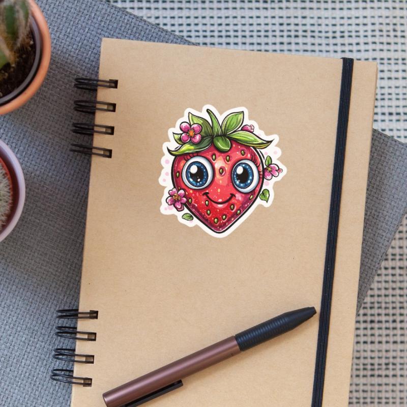 Erdbeere mit Blumenlächeln Sticker Größe S (10 x 10 cm)