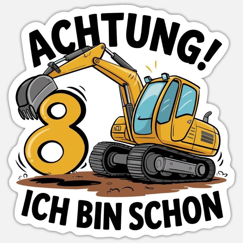 8. Geburtstag 8 Jahre Bagger Baufahrzeug Baustelle - Sticker Größe S (10 x 10 cm) - Mattweiß