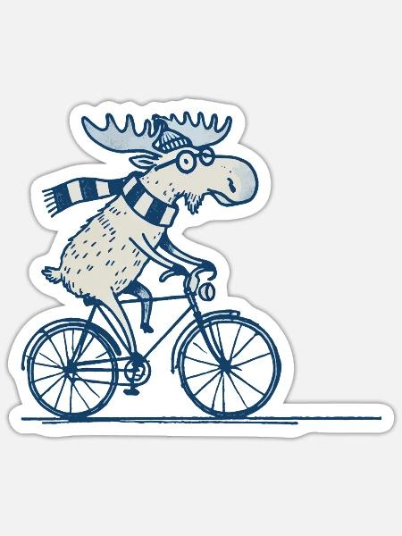 Elch Fahrrad Cartoon Design mit Humor im Retro - Sticker Größe S (10 x 10 cm) - Mattweiß