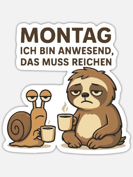 Montag - Bin anwesend Faultier und Kaffee Fun Büro - Sticker Größe S (10 x 10 cm) - Mattweiß