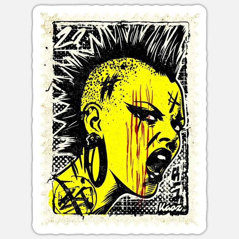 Femme punk sauvage avec mohawk et colère sur timbre-poste Sticker taille S (10 x 10 cm)
