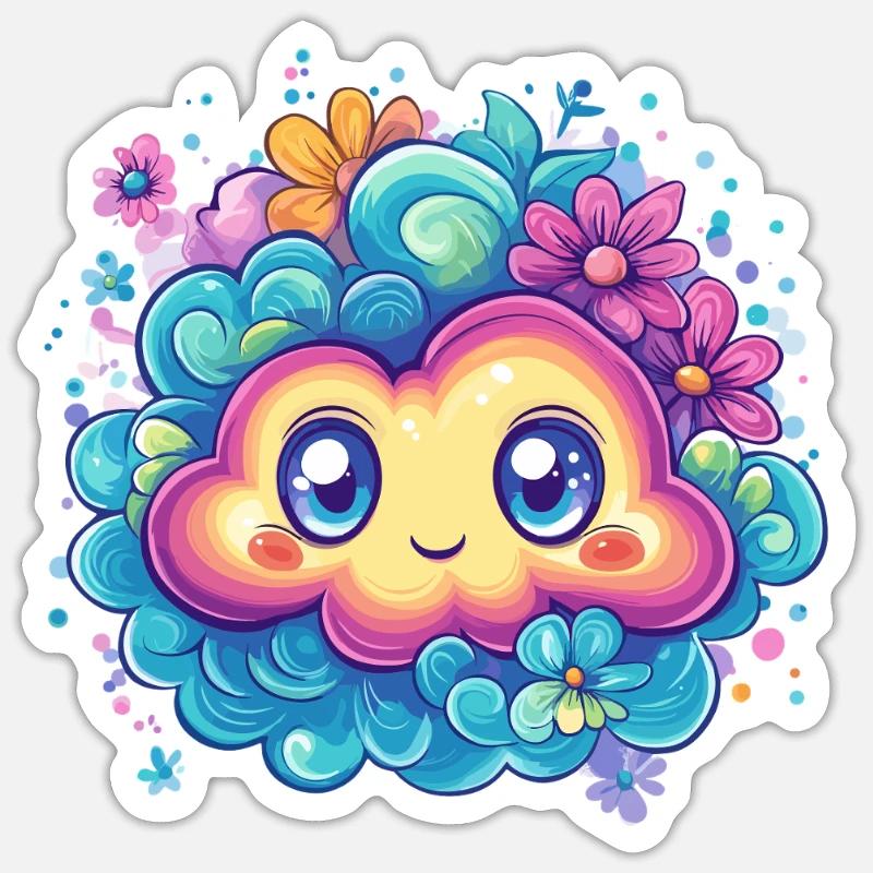 Nuage mignon avec des fleurs Sticker taille S (10 x 10 cm)