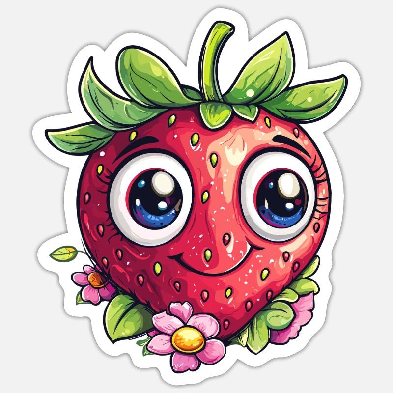Fraise heureuse avec des fleurs Sticker taille S (10 x 10 cm)