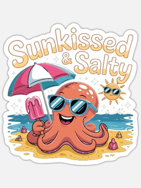 Strand, Sonne & Tentakel - Sunkissed & Salty - Sticker Größe S (10 x 10 cm) - Mattweiß