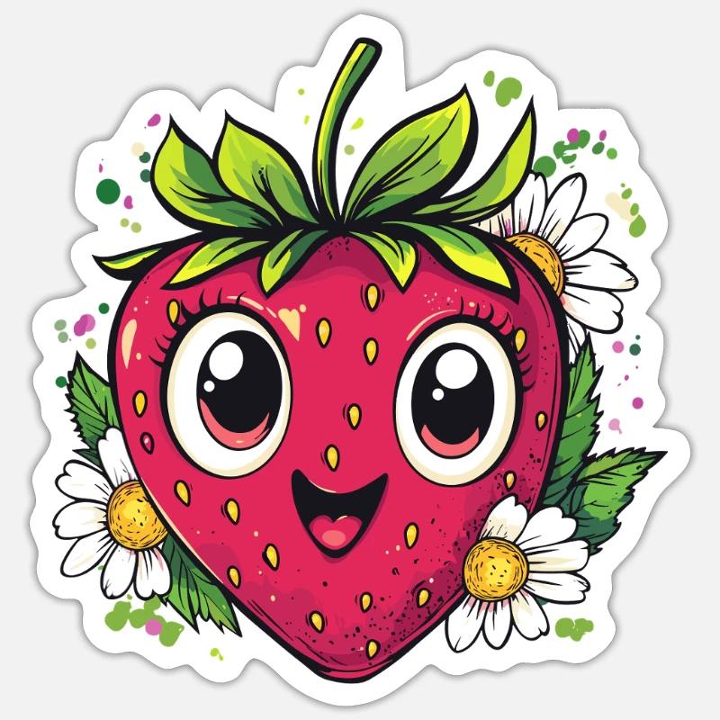 Erdbeere mit Gänseblümchen - Sticker Größe S (10 x 10 cm) - Mattweiß