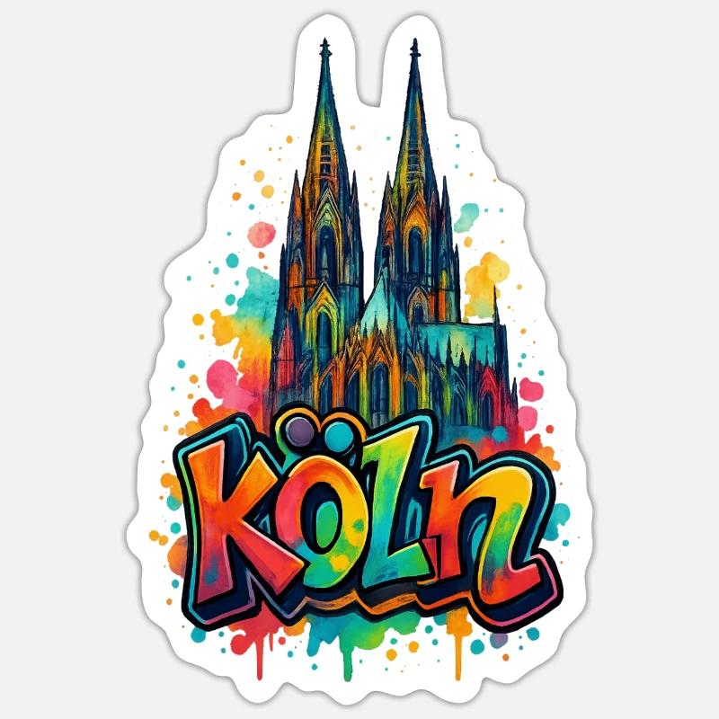 Cathédrale de Cologne style graffiti - Sticker taille S (10 x 10 cm) - blanc mat