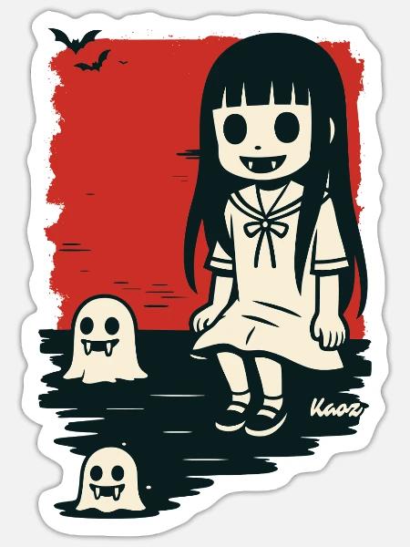 Gruseliges Mädchen mit Geistern - Sticker Größe S (10 x 10 cm) - Mattweiß