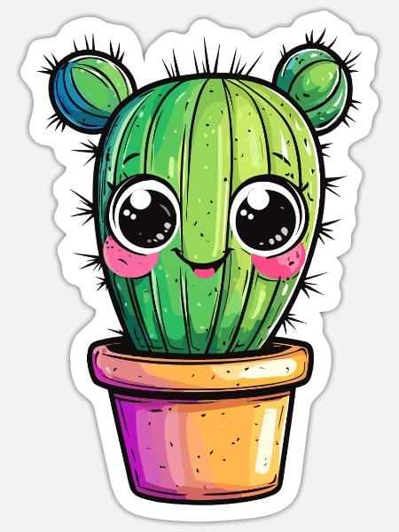 Kaktus mit buntem Topf - Sticker Größe S (10 x 10 cm) - Mattweiß
