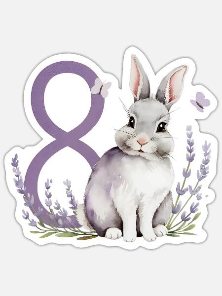 8. Geburtstag 8 Jahre Hase Häschen Lavendel Lila - Sticker Größe S (10 x 10 cm) - Mattweiß