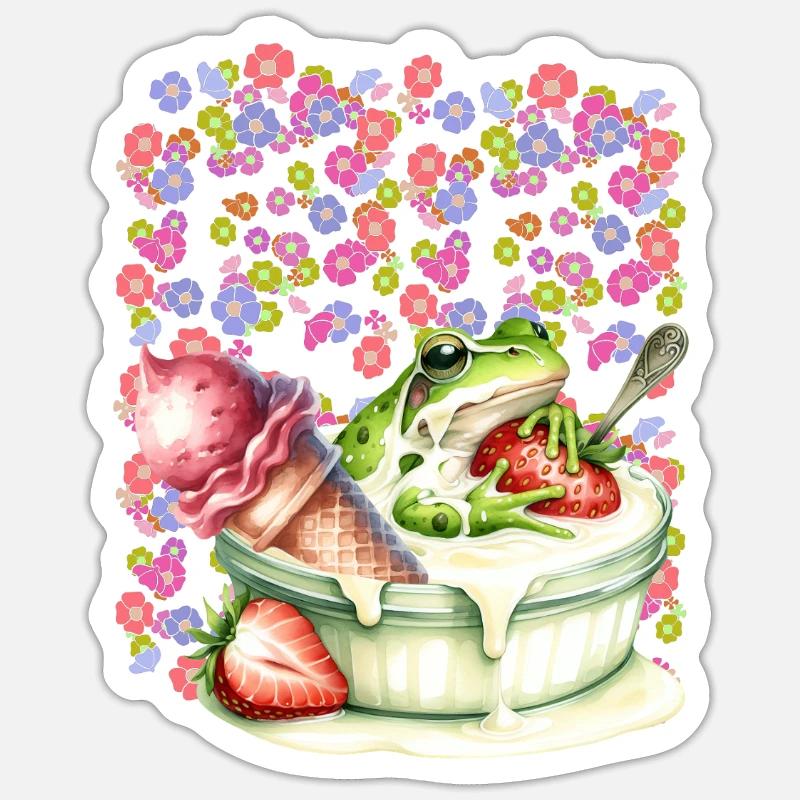 Frosch Frösche Dessert Eis Eiscrem Eiskrem Erdbeer Sticker Größe S (10 x 10 cm)