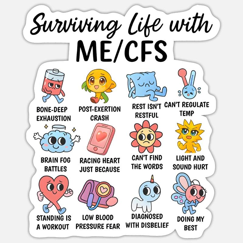 ME/CFS Alltag überleben – Symptom Comic Sticker Größe S (10 x 10 cm)
