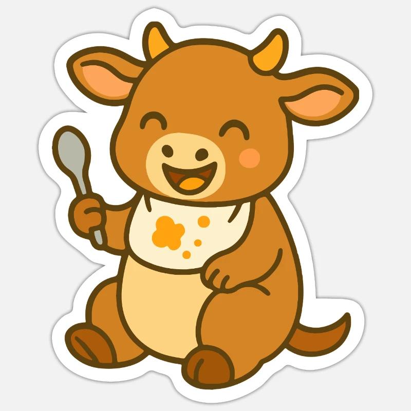 Kälbchen mit Lätzchen und Futterfreude - Sticker Größe S (10 x 10 cm) - Mattweiß