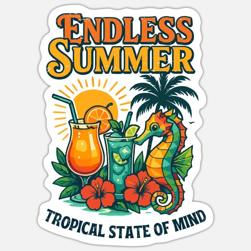Design tropical rétro d’été sans fin avec hippocampe - Sticker taille S (10 x 10 cm) - blanc mat